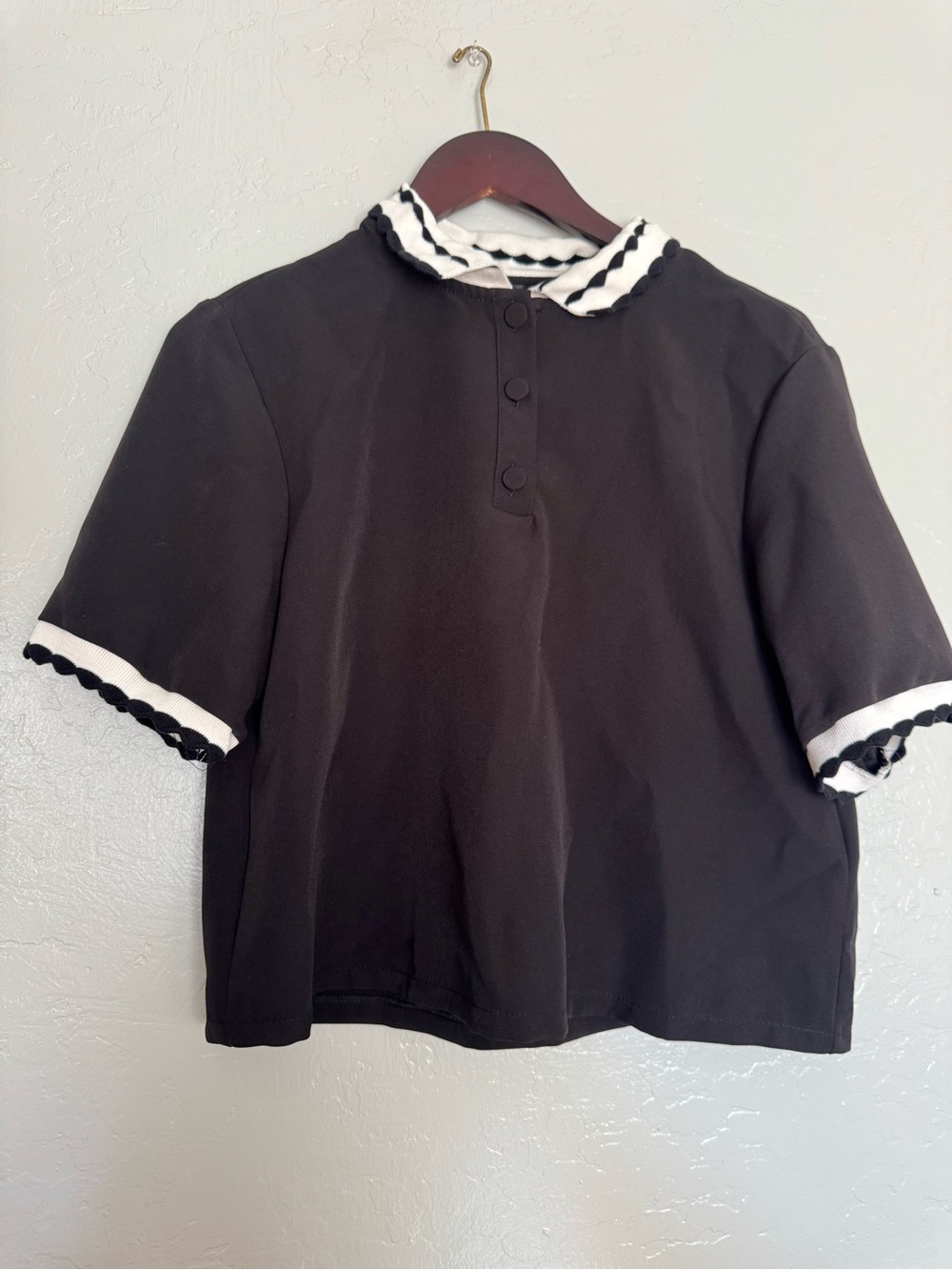 Zara Black Short-Sleeve Top with White Scalloped Trim